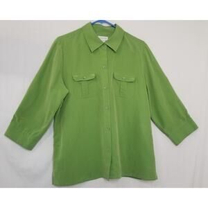 Liz Claiborne 3/4 Sleeve Button-up Blouse Green Rayon Poly Blend Size Large